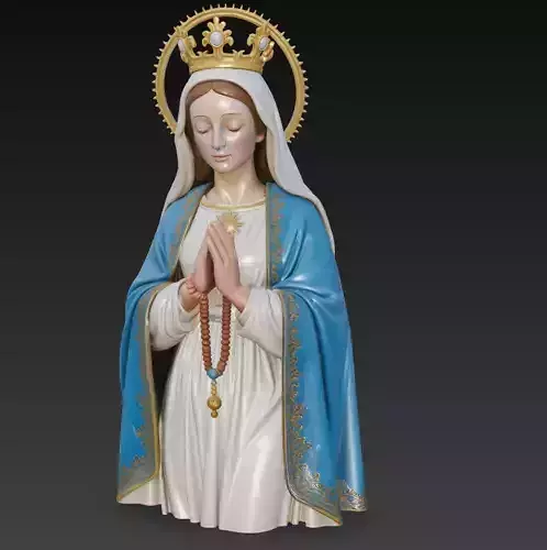 Crowned Praying Madonna Statue - Rosary - Blue Cloak Sculpture