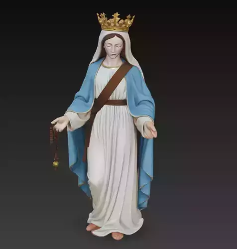 Virgin Mary Queen Statue with Rosary - 3D Sculpture Model