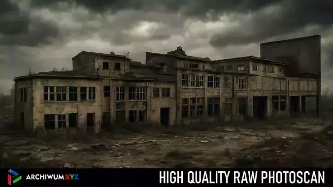 Facade of an abandoned factory - broken windows