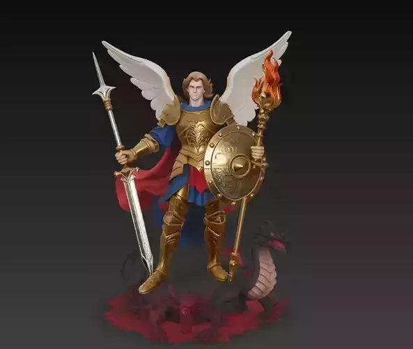 Archangel Warrior with Spear Shield and Dragon Base Statue