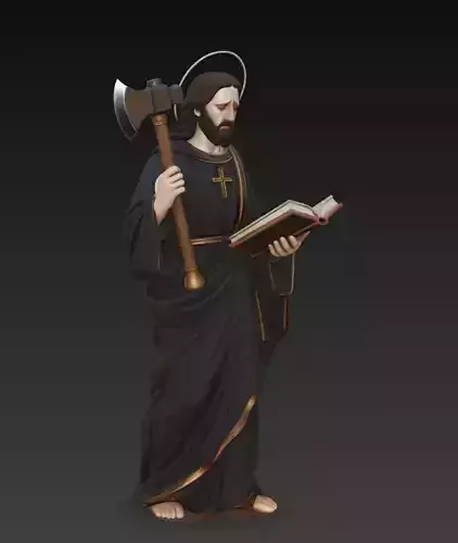 Sacred Monk With Axe and Holy Book - Stylized Religious Statue