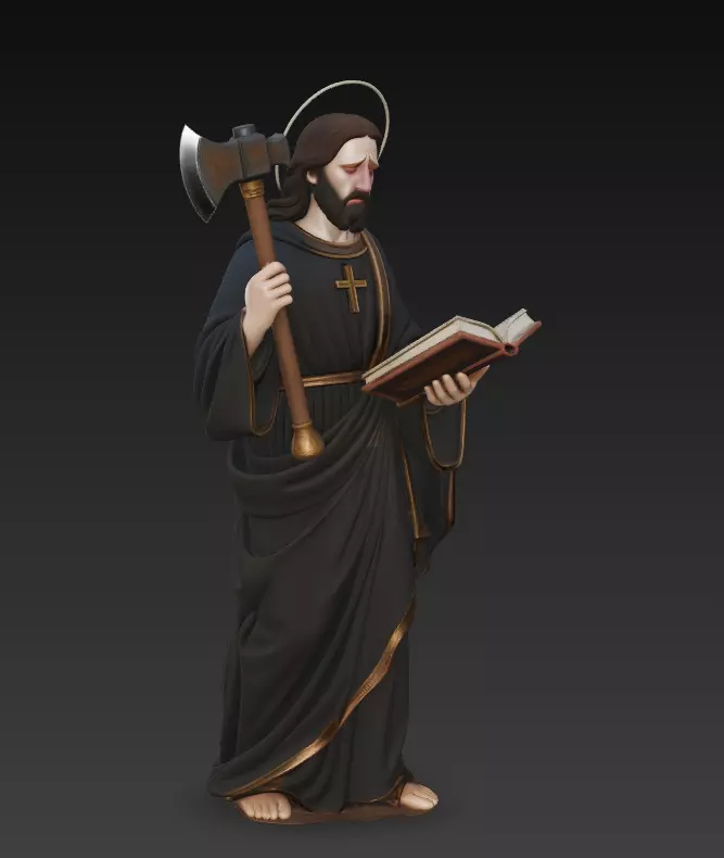 Sacred Monk With Axe and Holy Book - Stylized Religious Statue 3D print model