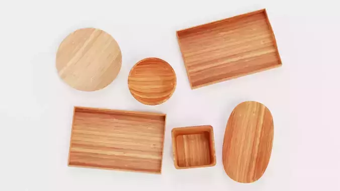 Bamboo Tableware - 6 Modern Decorative Bowls and Trays Low-poly 3D model