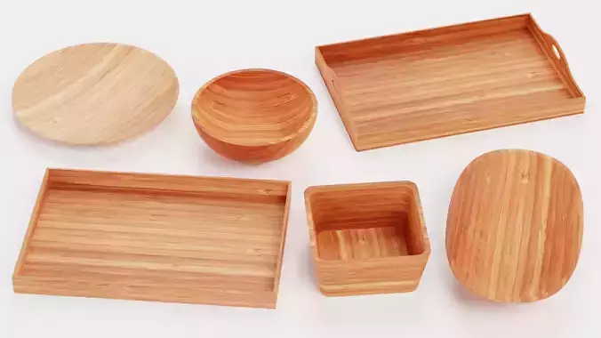 Bamboo Tableware - 6 Modern Decorative Bowls and Trays Low-poly 3D model 2