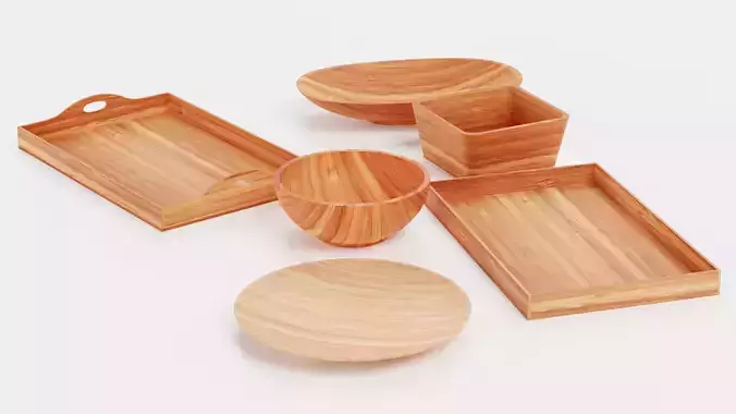 Bamboo Tableware - 6 Modern Decorative Bowls and Trays Low-poly 3D model 5