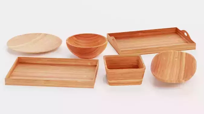 Bamboo Tableware - 6 Modern Decorative Bowls and Trays Low-poly 3D model 3