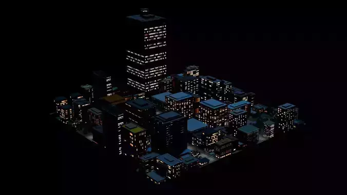 City Downtown Skyscraper Street 10 - NIGHT Low-poly 3D model 2