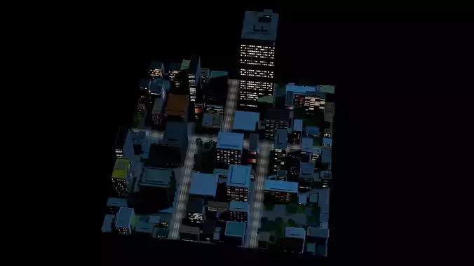 City Downtown Skyscraper Street 10 - NIGHT Low-poly 3D model 3