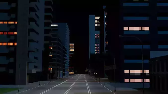 City Downtown Skyscraper Street 10 - NIGHT Low-poly 3D model 7
