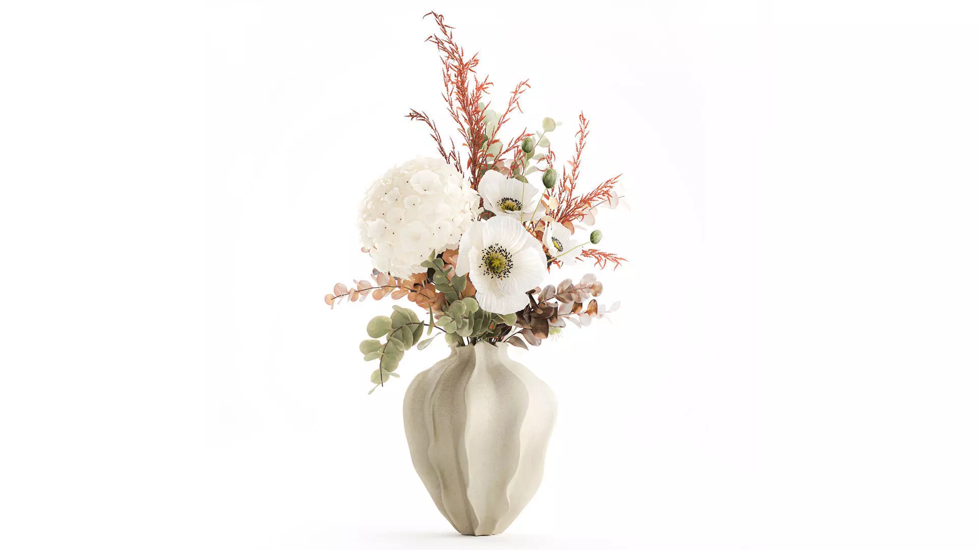 Beautiful bouquet hydrangea poppy branches flowers vase 3D model