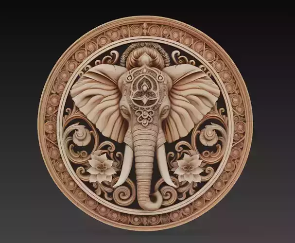 Ornate Elephant Medallion - Sacred Decorative Relief Sculpture