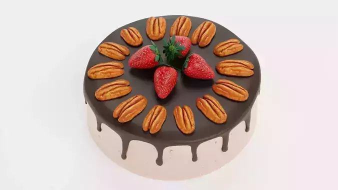 Cake V9 - Pecan Chocolate Dessert with Strawberries 3D model 4