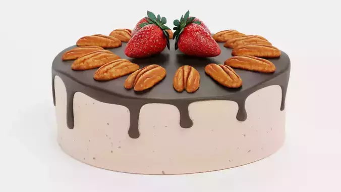 Cake V9 - Pecan Chocolate Dessert with Strawberries 3D model 6