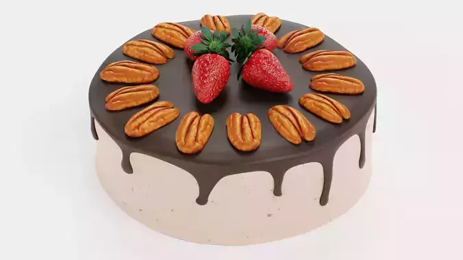 Cake V9 - Pecan Chocolate Dessert with Strawberries 3D model 5