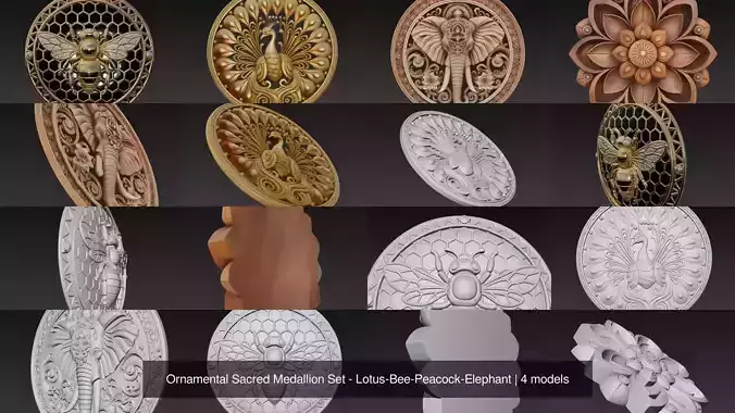 Ornamental Sacred Medallion Set - Lotus-Bee-Peacock-Elephant