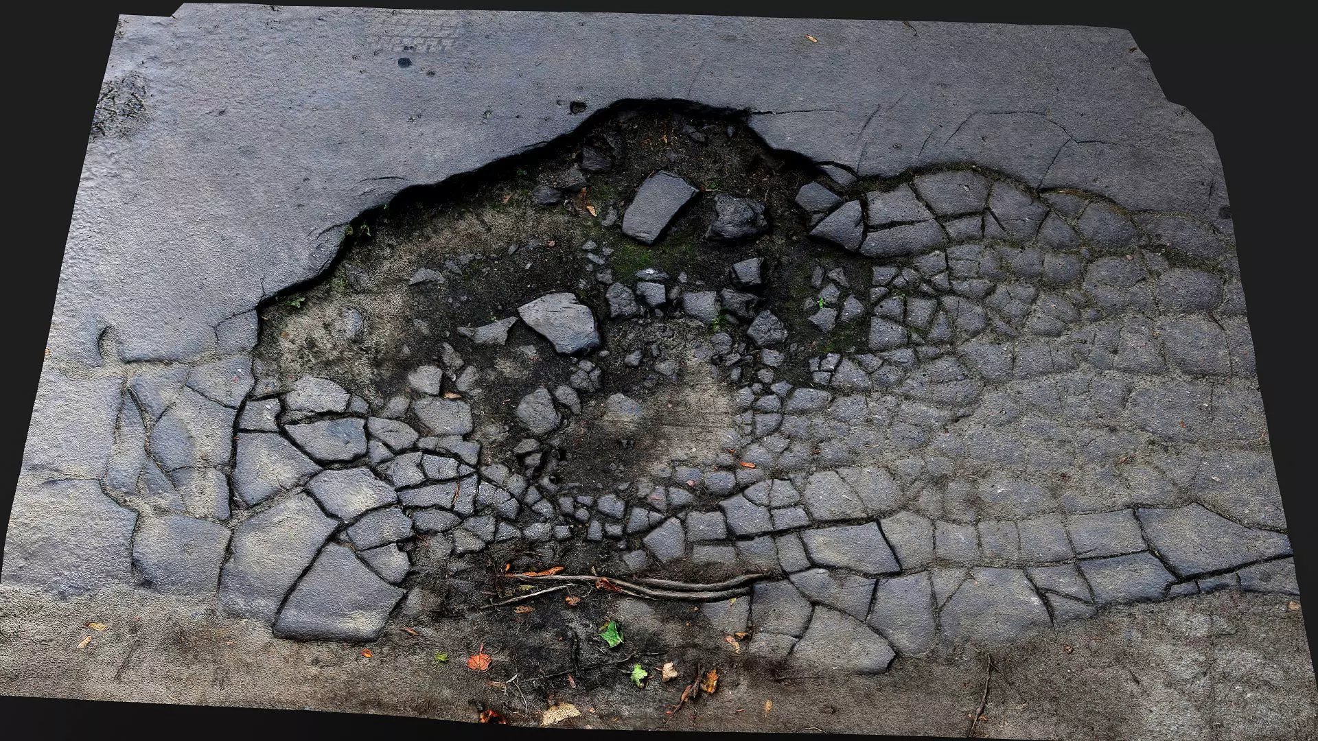 road destroyed asphalt cracked debris PBR photogrammetry 3D model