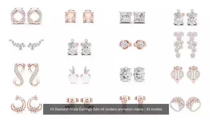 43 Diamond Studs Earrings 3dm stl renders animation videos