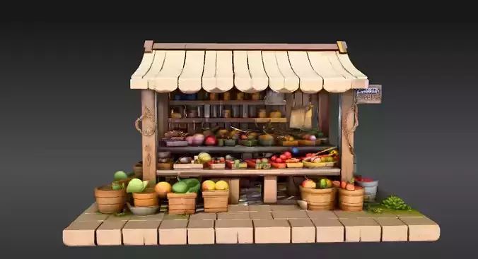 Stylized Market Stall Food Stand 3D Model BackGround Scene Ready