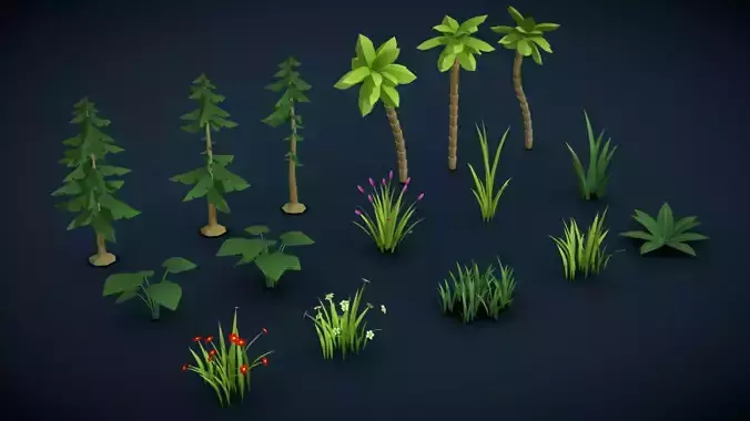 Stylized LowPoly Game Environment Assets Trees Palm Grass Plants