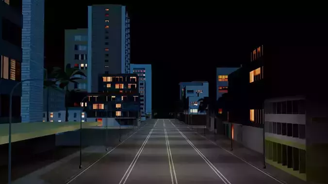 City Downtown Skyscraper Street 11 - NIGHT Low-poly 3D model 3