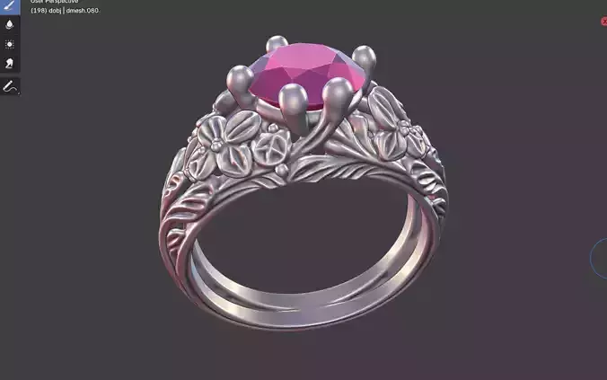 Floral Leaf Ring With Faceted Gem