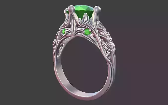 Oval Faceted Gem Ring With Leaves and Side Stones