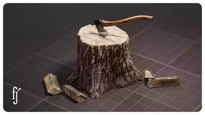 Wood Chopping Block Stump with Axe and Firewood