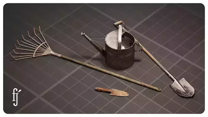 Old Rusty Garden Tools Set Rake Shovel and Watering Can