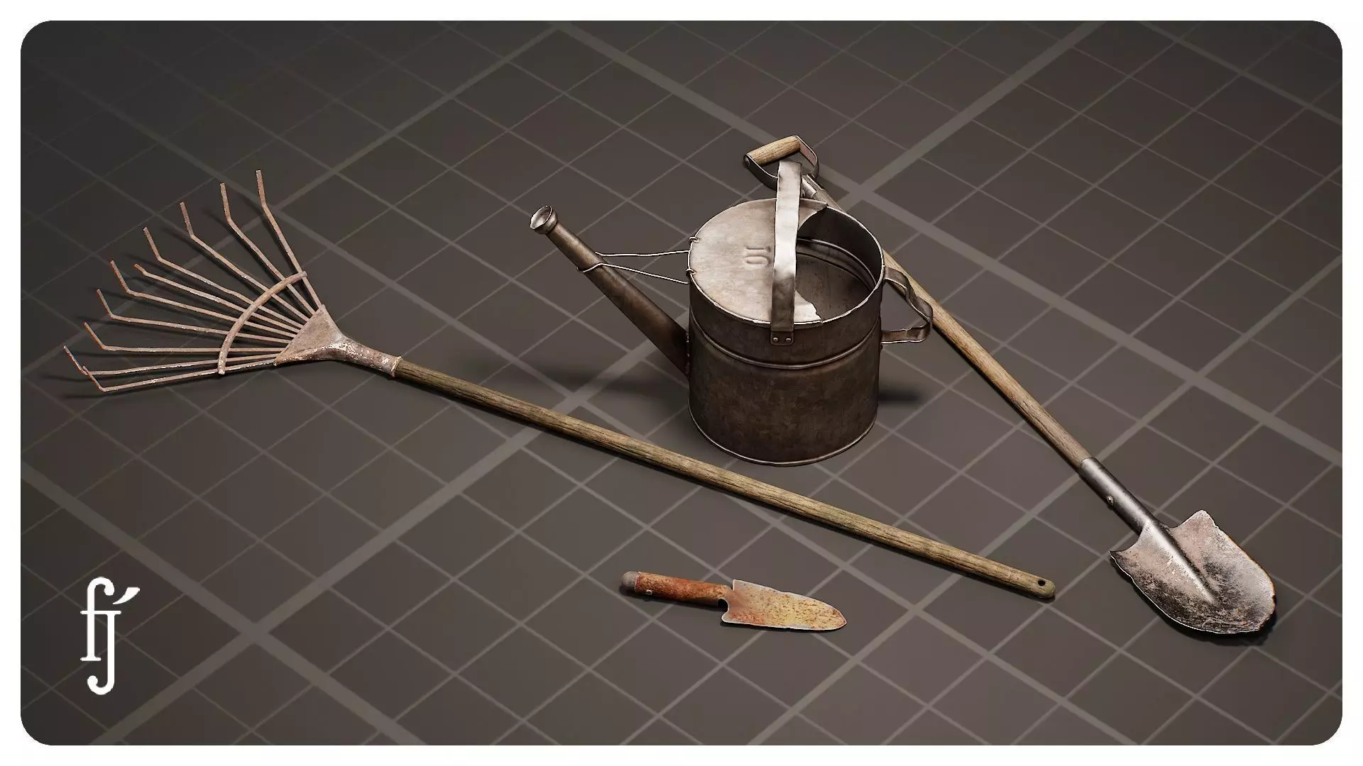 Old Rusty Garden Tools Set Rake Shovel and Watering Can 3D model