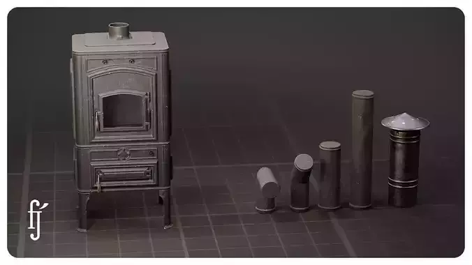 Modular Vintage Cast Iron Wood Stove and Chimney Set