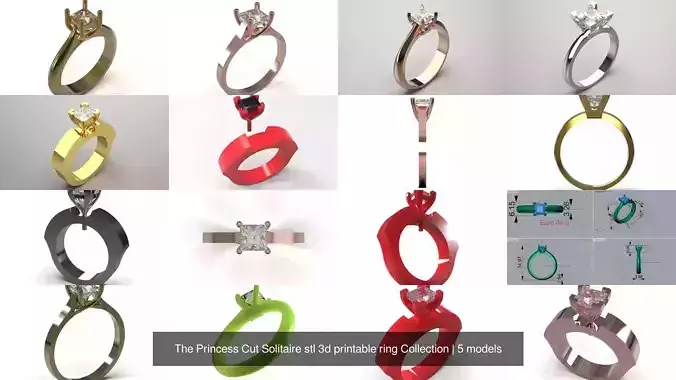 The Princess Cut Solitaire stl 3d printable ring Collection