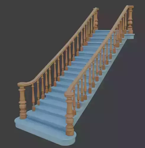 Light Blue Wooden Staircase with Ornate Balustrade PBR 3D Model