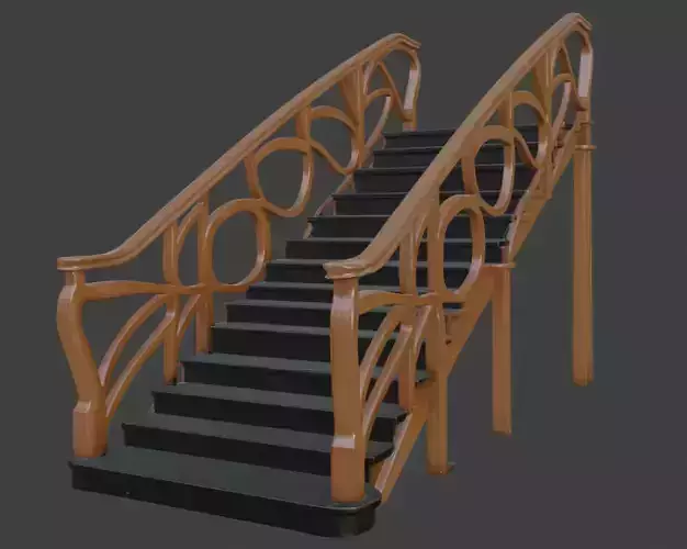 Art Nouveau Wooden Staircase Ornate Curved Railings PBR 3D Model