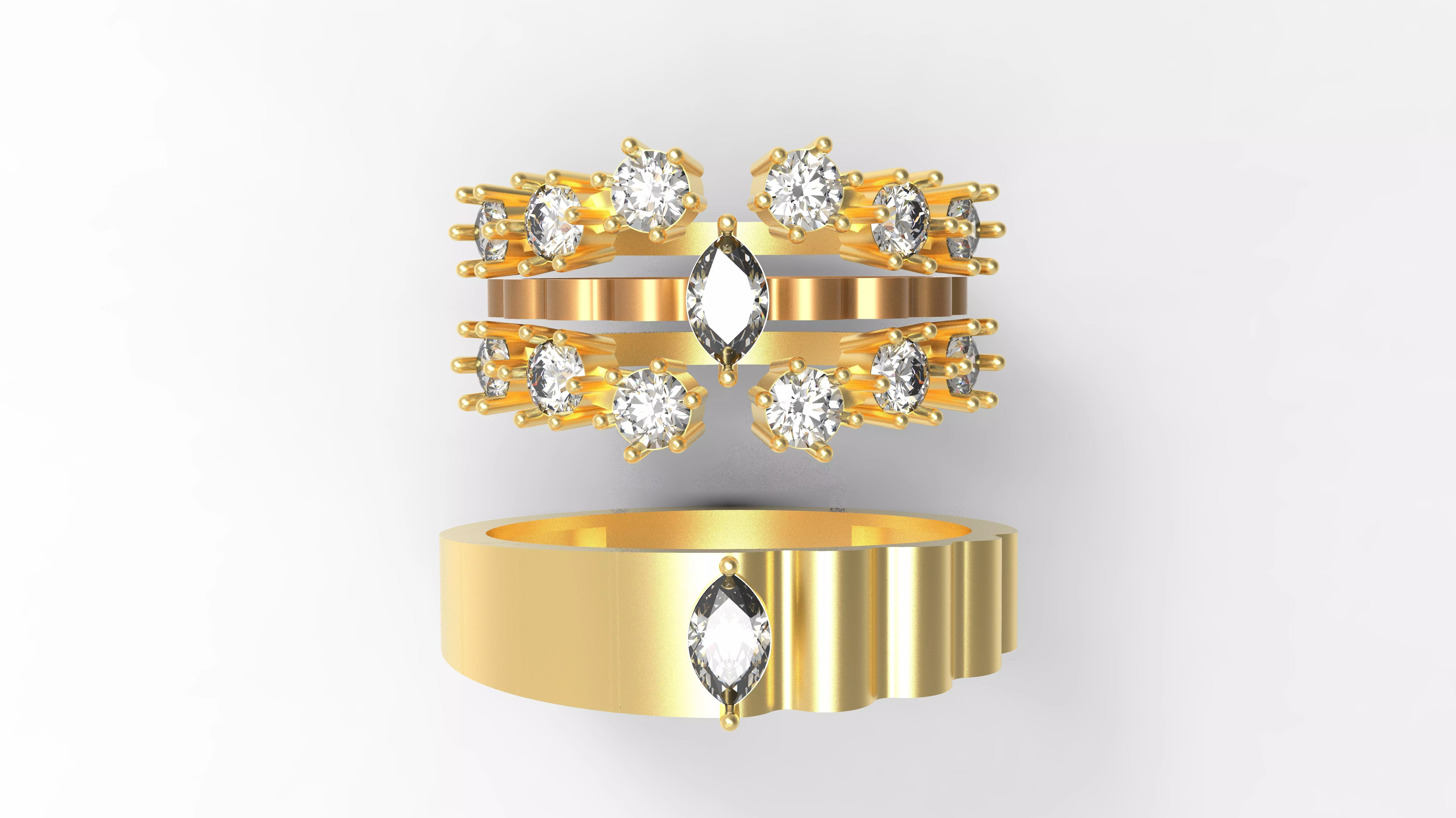 Diamond Bridal Cluster Band and Mens Wedding Band Ring Set 3D P 3D print model