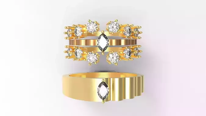 Diamond Bridal Cluster Band and Mens Wedding Band Ring Set 3D P