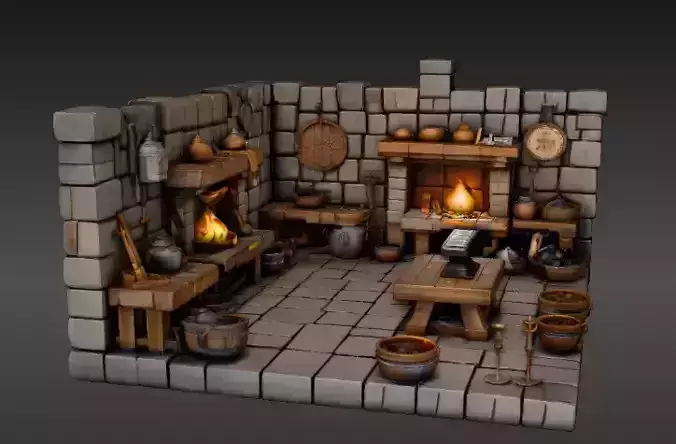 Stylized Blacksmith Forge 3D Model Scene Low Poly Medieval 