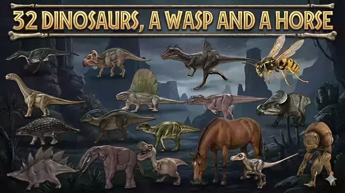 32 Dinosaurs a Wasp and a Horse - Lowpoly Pack