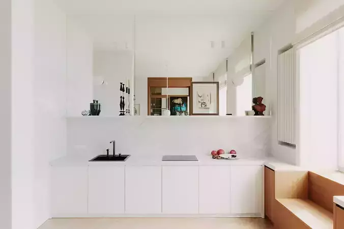 Minimalist living room and kitchen 3D model 3