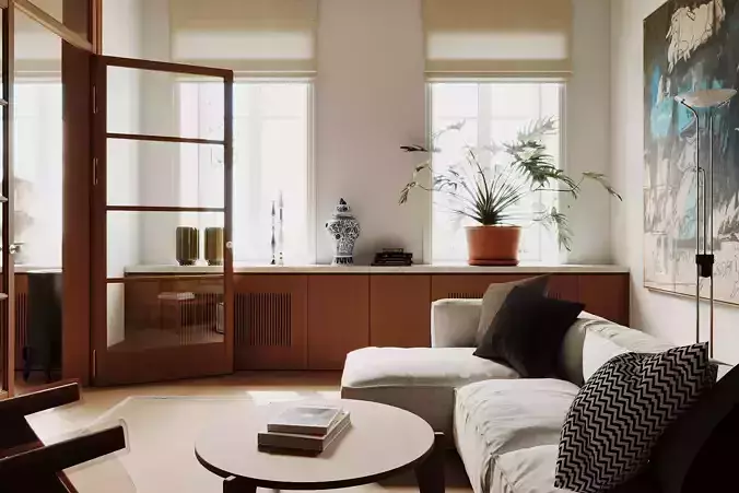 Minimalist living room and kitchen 3D model 6