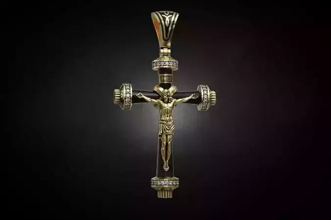  Orthodox Cross Pendant Crucifix Jesus with Onyx Enamel and Gems