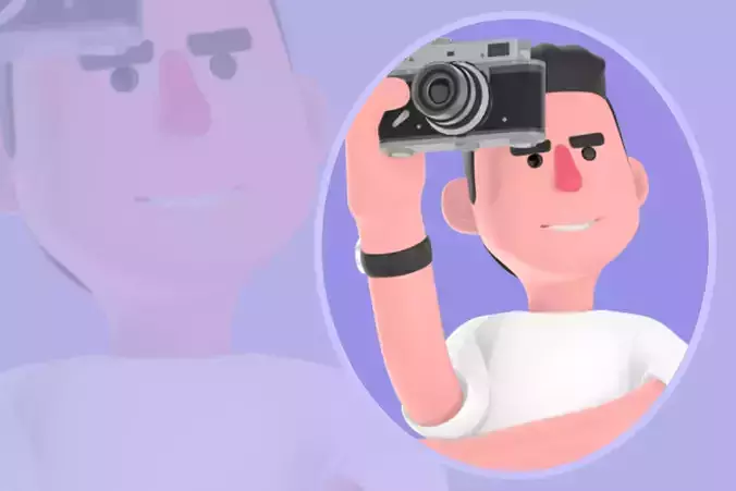 Stylized 3D Male Photographer Character - Silver Camera Selfie