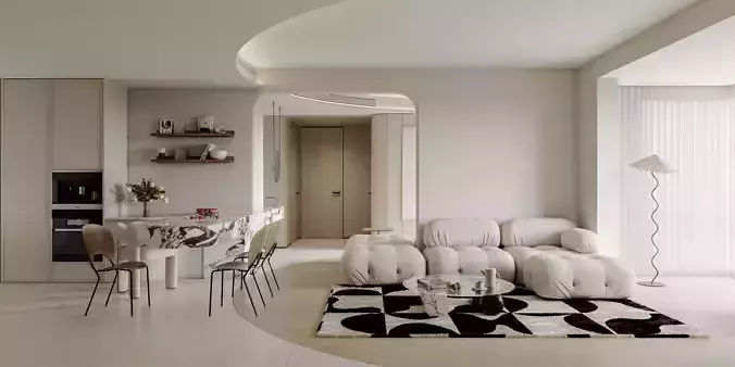 Warm modern living room 3D model 3