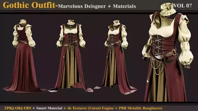 Gothic Dress-MD-Clo3d-Smart Material-4K Textures-OBJ-FBX 