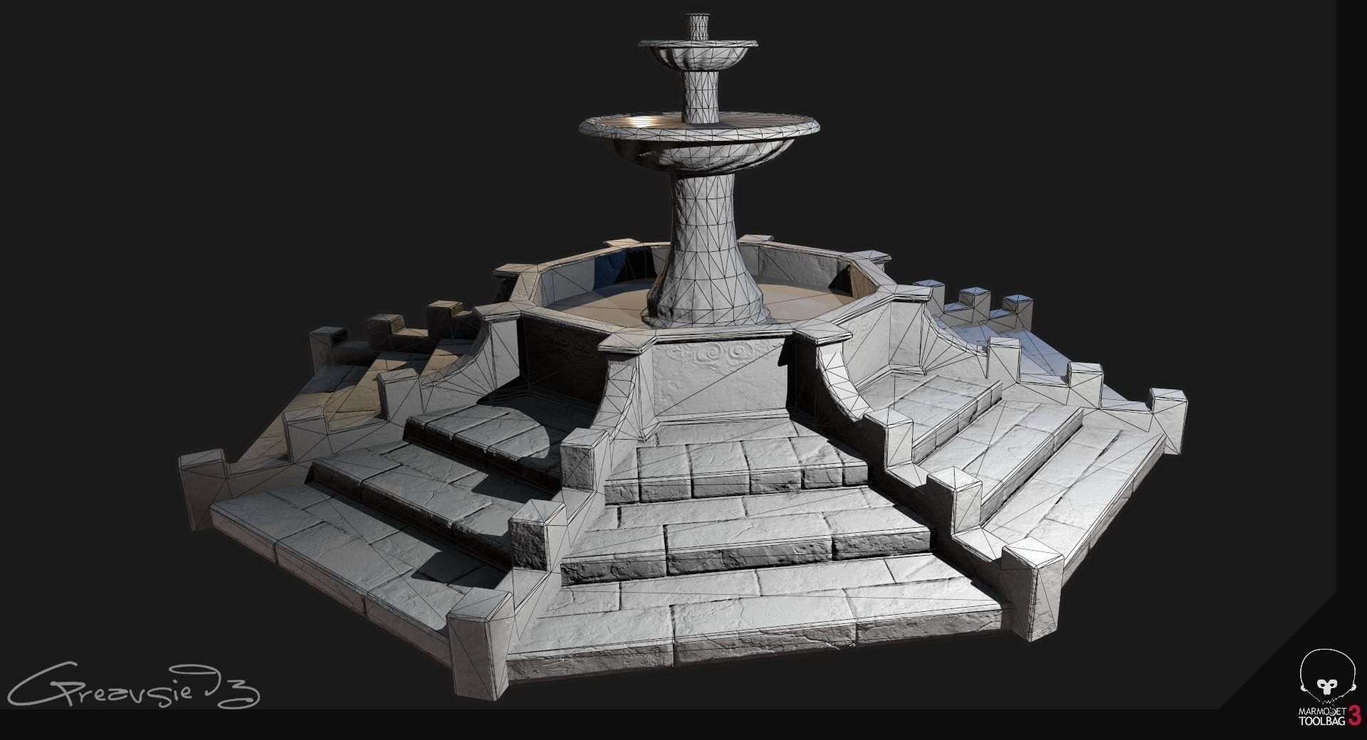 Low Poly PBR Stone Water Fountain Low-poly 3D model_2