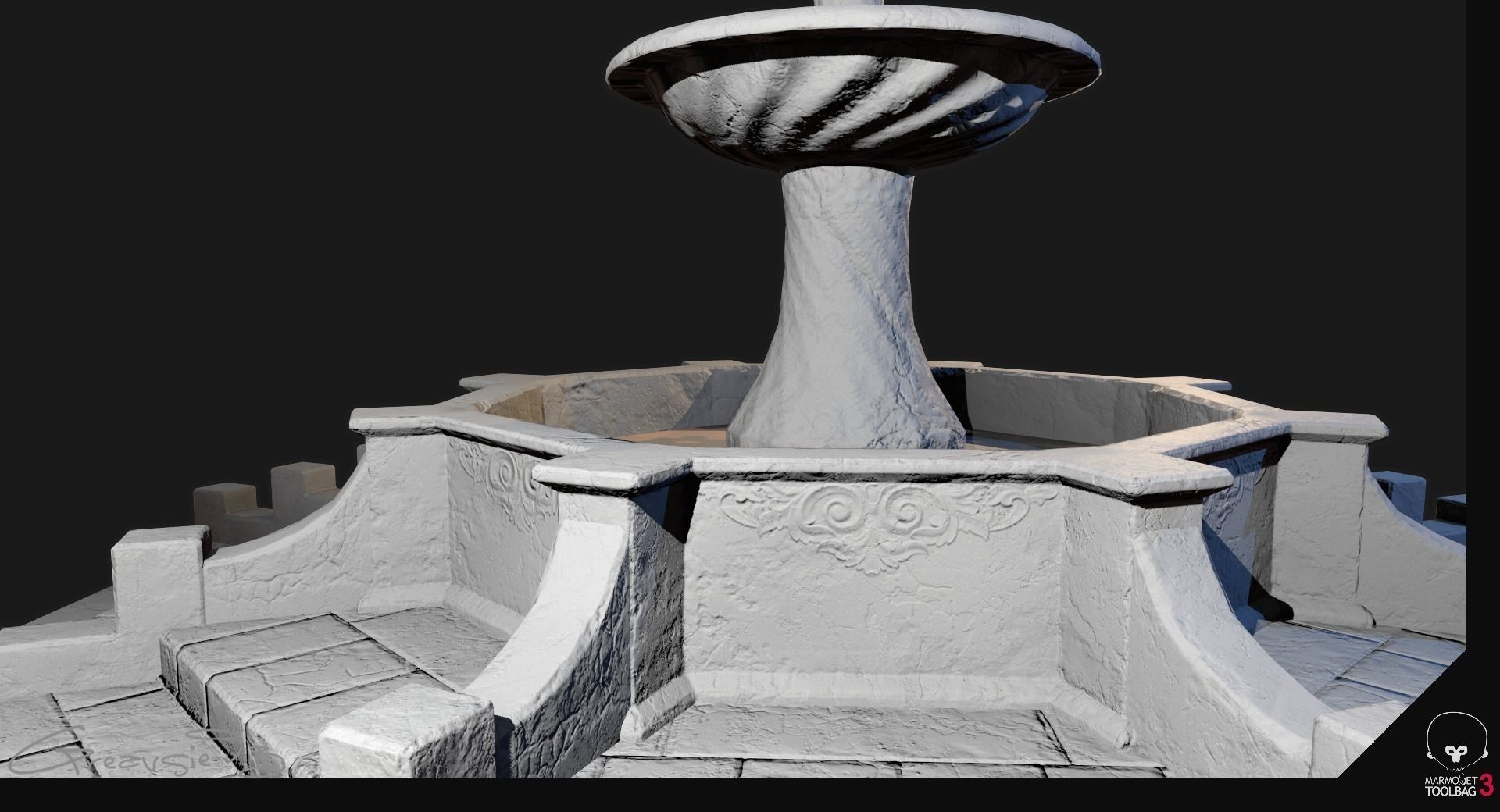Low Poly PBR Stone Water Fountain Low-poly 3D model_4