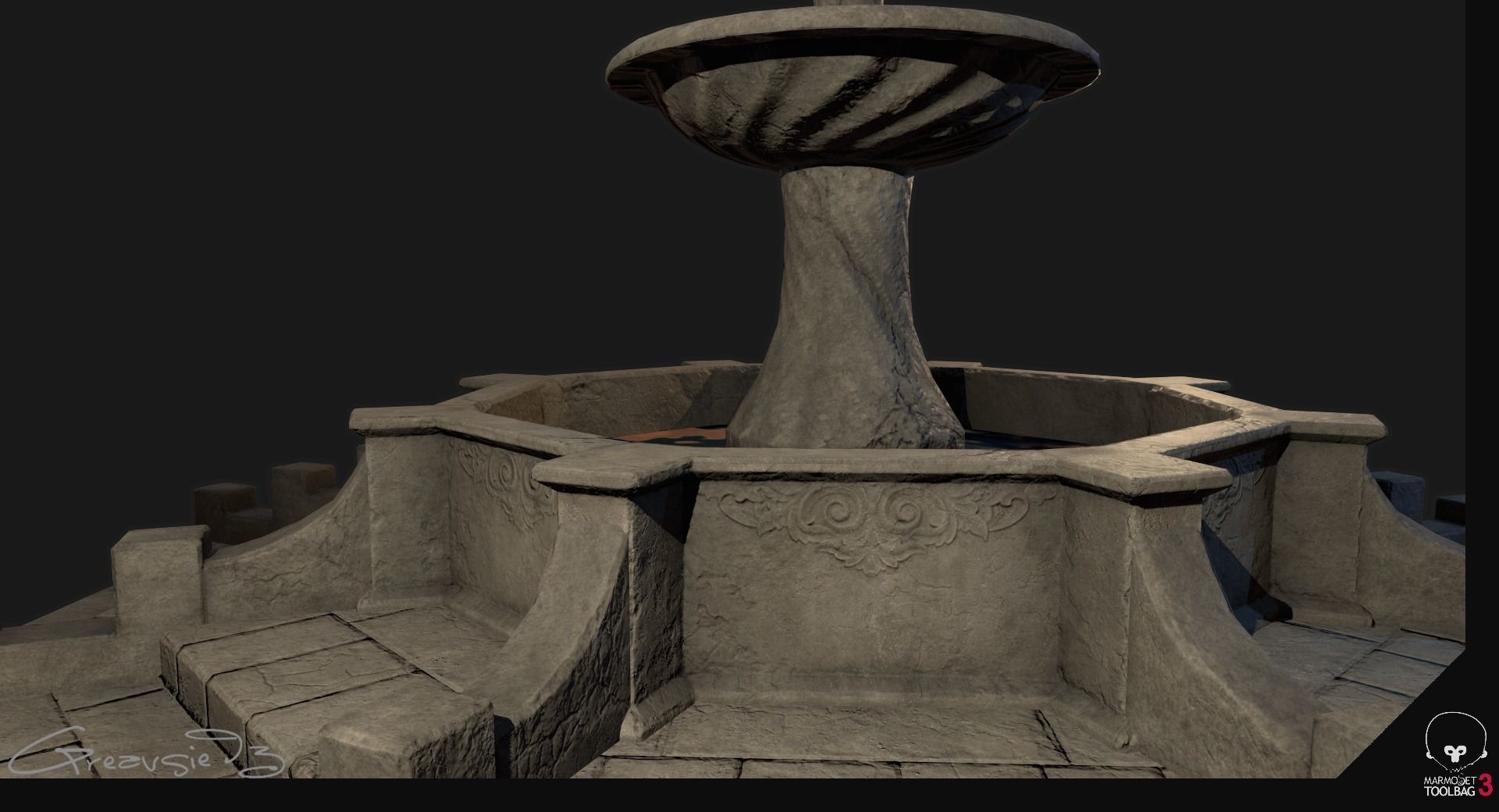 Low Poly PBR Stone Water Fountain Low-poly 3D model_3