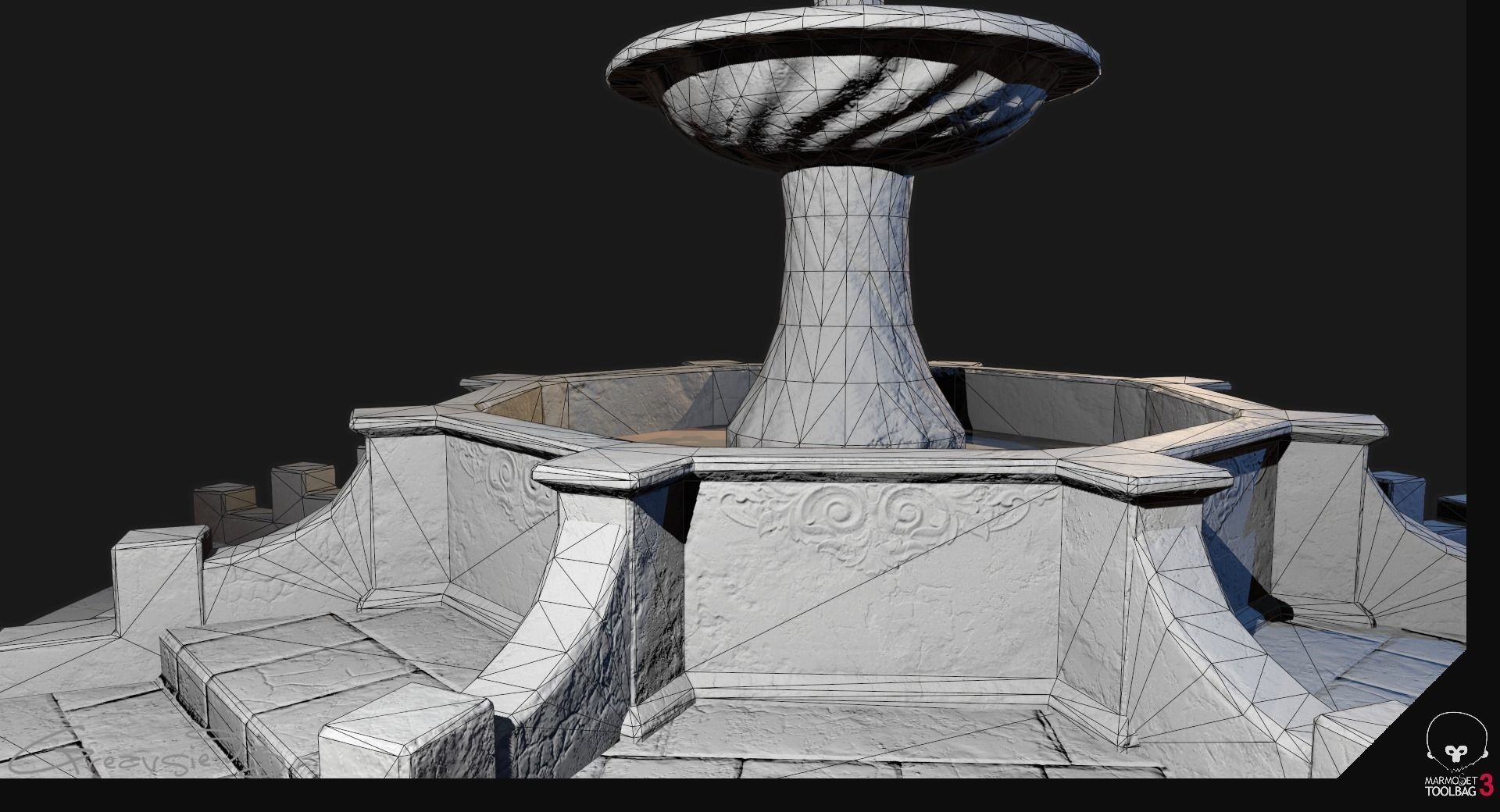 Low Poly PBR Stone Water Fountain Low-poly 3D model_5