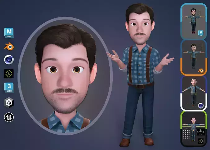 3D Stylized Cartoon Male Character Body and Facial Rig Model