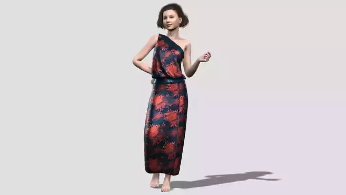 Elegant Female Character in Floral Dress