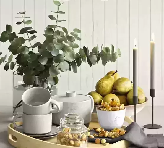 kitchen set 1 eucalyptus plant in glass vase 3D model